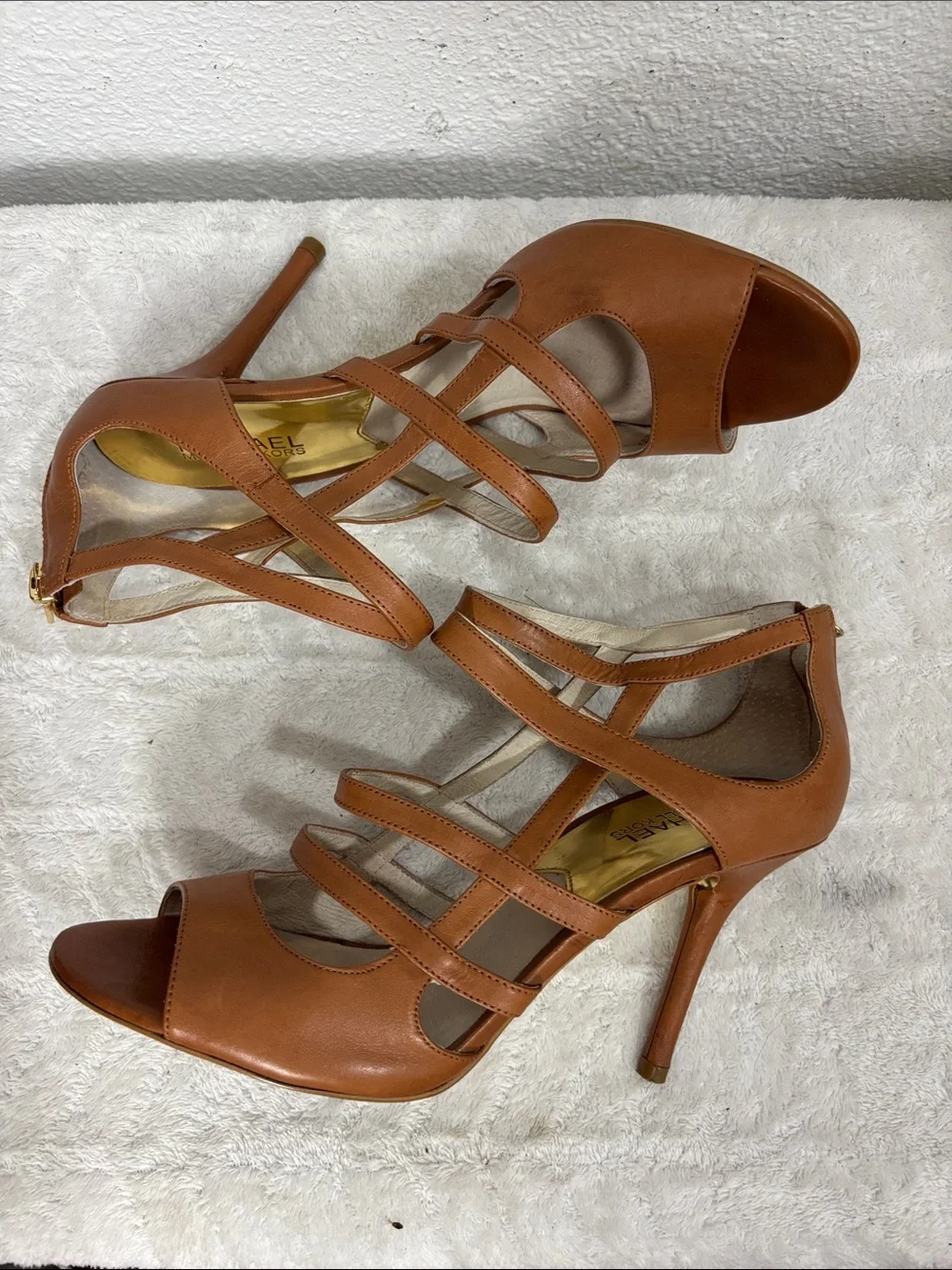 MICHAEL Michael Kors Cognac Leather Strappy Peep Toe Heels Size 9.5M